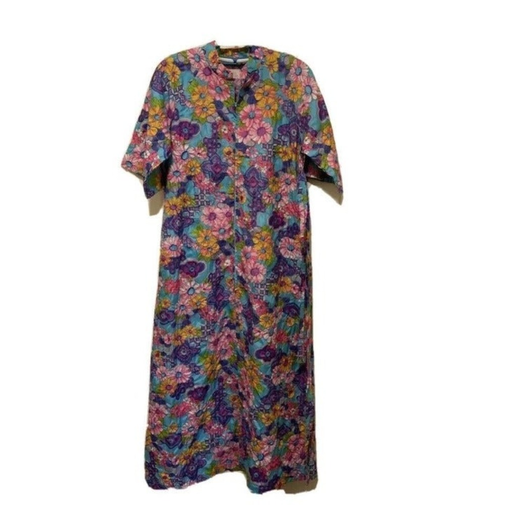 Barbara Lee Duster Robe Womens Medium Blue Pink Floral Zip Front Vintage 60s 70s